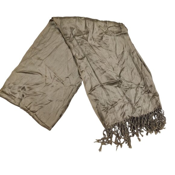 Taupe Gray Fringe Scarf Lightweight Soft Drape Minimalist Boho Festival Wrap - Picture 5 of 7